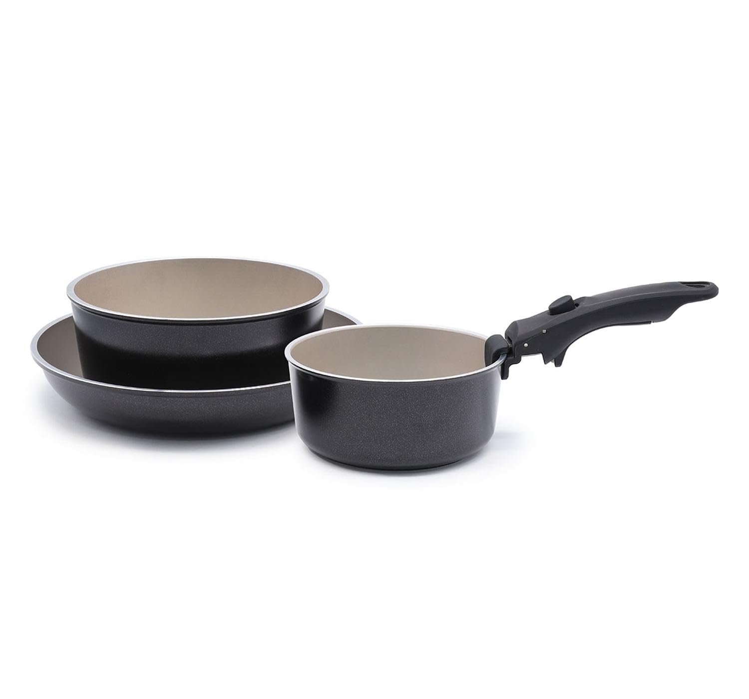LAGUIOLE, Juego de cocina extraíble, 2 ollas y 1 sartén antiadherente, compatible con todas las fuentes de calor, Aluminio, Revestimiento antiadherente, fácil de limpiar, 16/18/24 cm, Negro/Champán