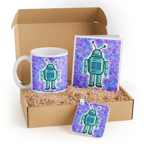 3dRose Robot Gift Set for Kids - Mug, Keychain, and Card with Colorful Robot Illustration - Perfect for Birthdays, Holidays, and Tech Lovers