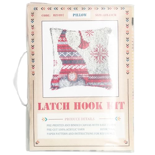 Image of Howie's Latch Hook Kit, DIY Christmas red hat Pillow Crochet Yarn Kits for Adults, Color Preprinted Pattern Embroidery Sofa Cushion Cover (Christmas-red hat, 16.93 x 16.93 inch)