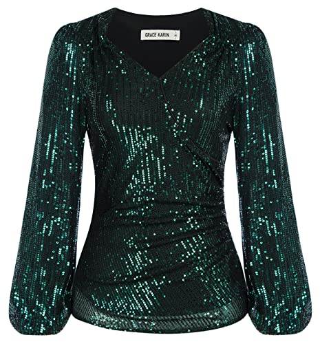 GRACE KARIN Damen Tunic Top Bluse Langärmlige Bluse Schimmernde Pailletten...