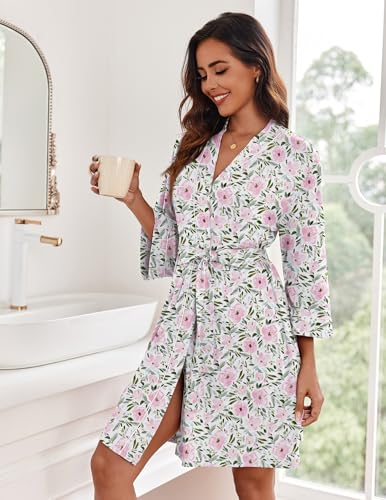 Image of Ekouaer Women Kimono Robes Knee Length Knit Bathrobe Lightweight Soft Sleepwear V-neck Casual Ladies Loungewear