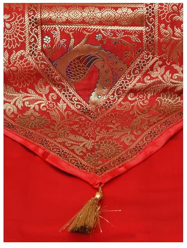 Image of Banarasi Brocade Zari Silk Table Runner Dinning & Centre Table Runner 177 By 30 CM (Maroon, Peacock)