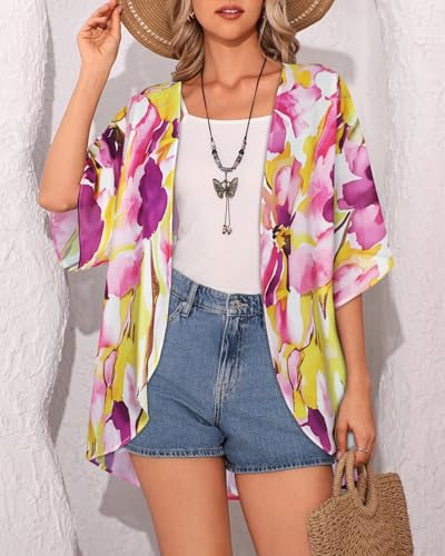 Image of Women's Floral Print Puff Sleeve Kimono Cardigan Loose Cover Up Casual Blouse Tops 2026