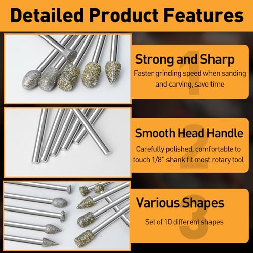 20 Stück Diamant Fräser Set für Dremel, 46 Körnung und 120 Körnung Diamant Frässtifte Schleifstifte mit 1/8 Schaft für Stein Glas Keramik Schleifen, Schnitzen, Polieren, Gravieren, Bohren