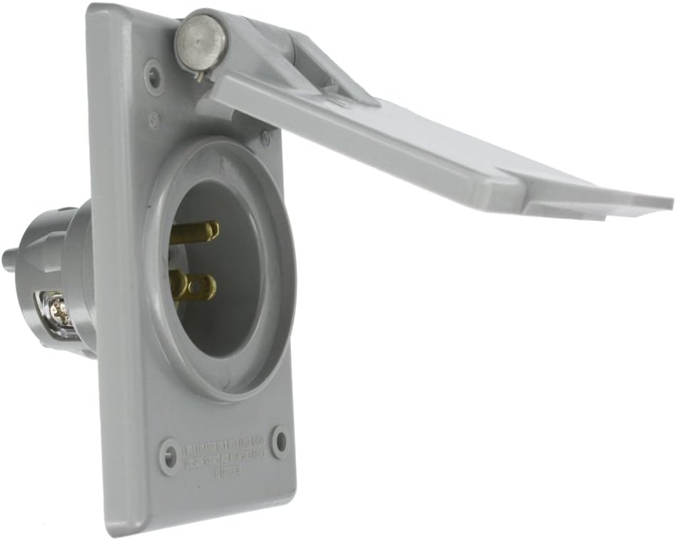 Leviton Straight Blade Flanged Male Power Inlet Receptacle, 15 A, 125 V, Nylon Face, Body And Strap, 5278-CWP, Gray