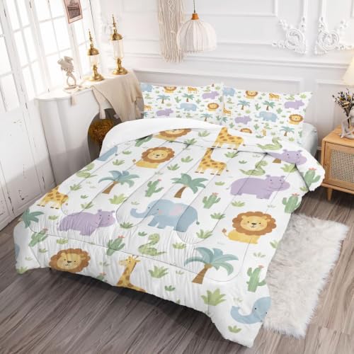 Image of Wild Animal Comforter Set Full Cartoon Animal Quilt Set for Boys | Cartoon Lion Elephant Giraffe Bedding Set, 3 Pcs Kids Girls Boys Jungle Comforter Set, Lightweight, Machine Washable
