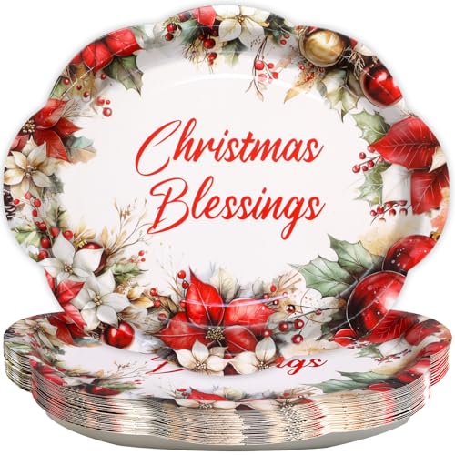 Fancy Land 24 Pcs Christmas Oval Paper Plates 10 x 12 Inches Large Christmas Blessings Disposable Dinnerware Holiday Party Supplies Decor