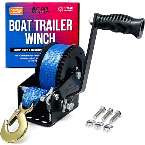 Image of Boat Trailer Winch with Strap and Hook, Manual Hand Crank Winch, Heavy Duty | 1600lbs 1 Speed Ratchet Gear, Pulling Boat Parts, Trailers, Car, Truck Towing