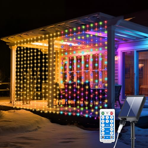 Lumry Go Solar Curtain Lights Outdoor 10x10Ft 300LED Multicolor Warm White Dual Color Changing Curtain Light with Dimmable Waterproof Remote Timer Memory for Christmas Weddings Party Gazebo