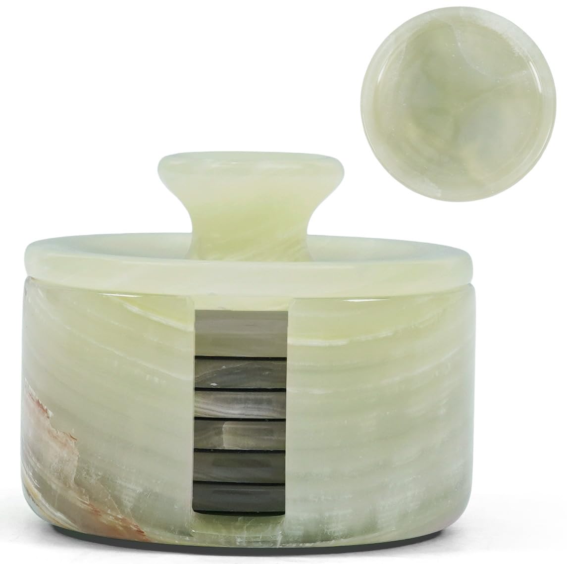 Earthen Crafts White Onyx Marble Coasters Set Of 6 Round Handmade 3.5" Inches Cream Onyx Stone Coaster For Drinks With Holder & Lid, Ideal For Dining Table, Coffee Table, And Office Desk