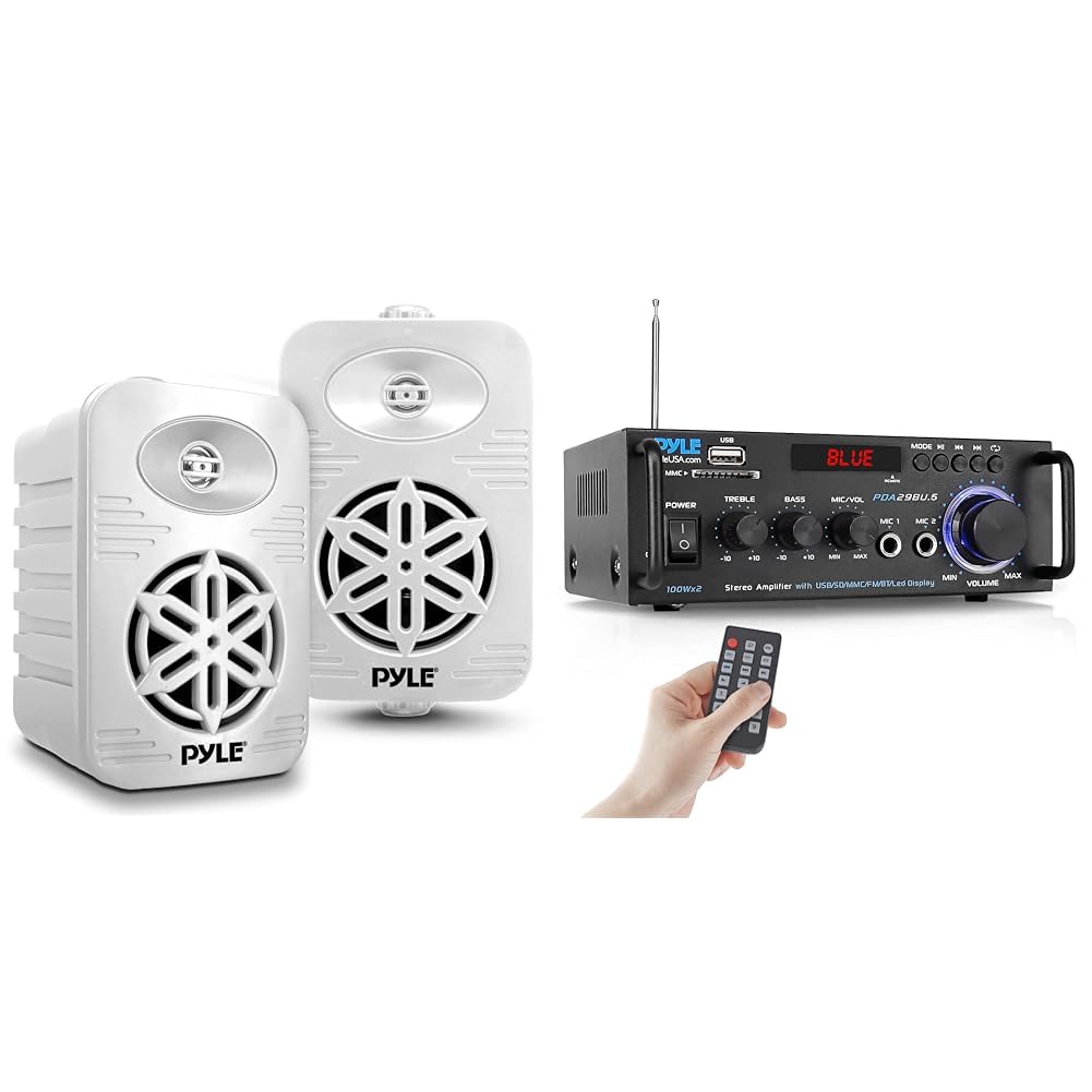 Pyle 300 Watt Waterproof Indoor Outdoor Speakers and 200W Bluetooth Stereo Amplifier Bundle