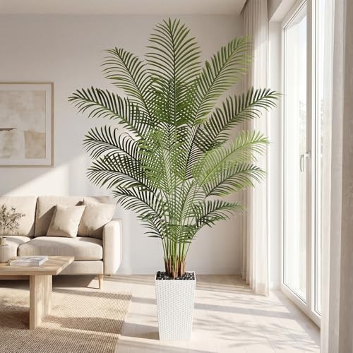Image of 7ft Artificial Palm Tree with White Planter - Tall Fake Palm Tree Indoor Fake Tropical Plant for Home Office Living Room Bedroom Modern Decor