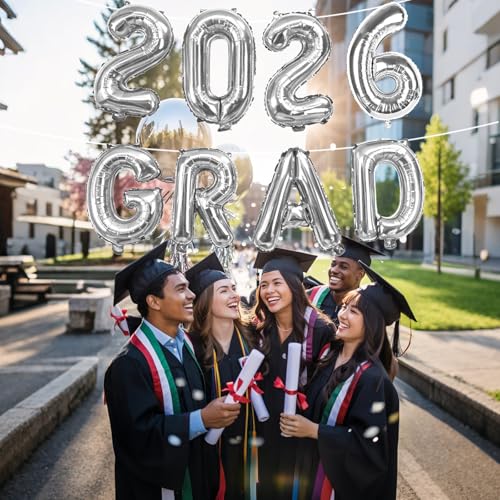Image of Silver 2026 GRAD Foil Balloons, 16 Inch Metallic Silver Grad Congrats Balloons Banner for Graduation Decorations 2026, College High School Class of 2026 Graduate Congratulations Party Decor Supplies