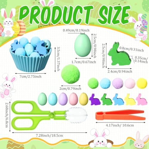Image of Funnymoom Easter Sensory Bin Filler Fine Motor Toys Include Tweezers 2 Scissors Clips 150 Pom Pom 30 Easter Wooden Bunny and Eggs 10 Sorting Cups for Easter Sorting Counting Training