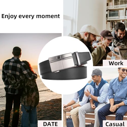 Image of Mens Black Belt Leather Ratchet Belts for Men Adjustable Men's Belts for Dress Casual with Gift Box, Trim to Fit