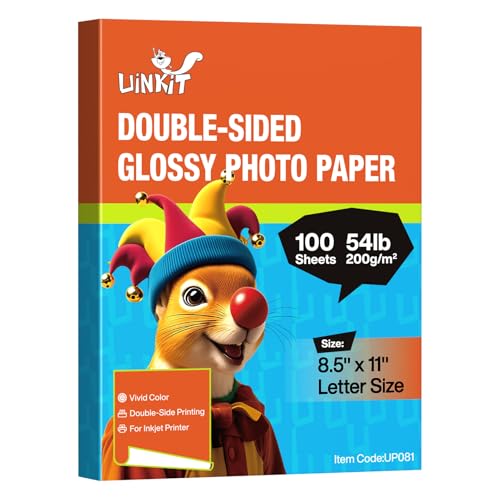 Uinkit 200Gsm 100Sheeets Double Sided Photo Paper Glossy 8.5x11 54lbs Inkjet for Dye Ink Value Bulk Pack Picture 8.5 x 11 9.5Mil for Inkjet Printing Printer