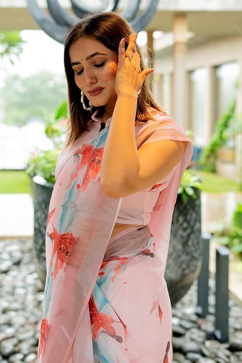 Image of RAJESHWAR FASHION WITH RF Soft Linan Cotton Summer collection rose digital print Traditional look saree beige