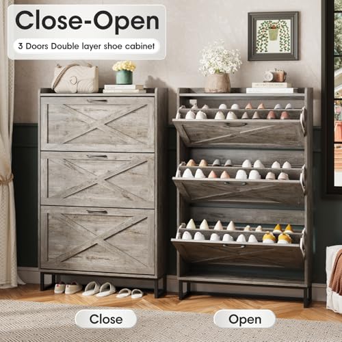 Image of Maupvit Shoe Storage Cabinet with 3 Flip Drawers, Freestanding Organizer with Metal Legs for Entryway, Narrow Shoe Rack Cabinet, Light Rustic Oak