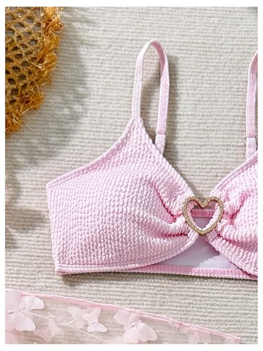 Verdusa Girl's 3 Piece Textured Bikini Set Cut Out Swimsuit with Butterfly Mesh Cover Up Skirt3