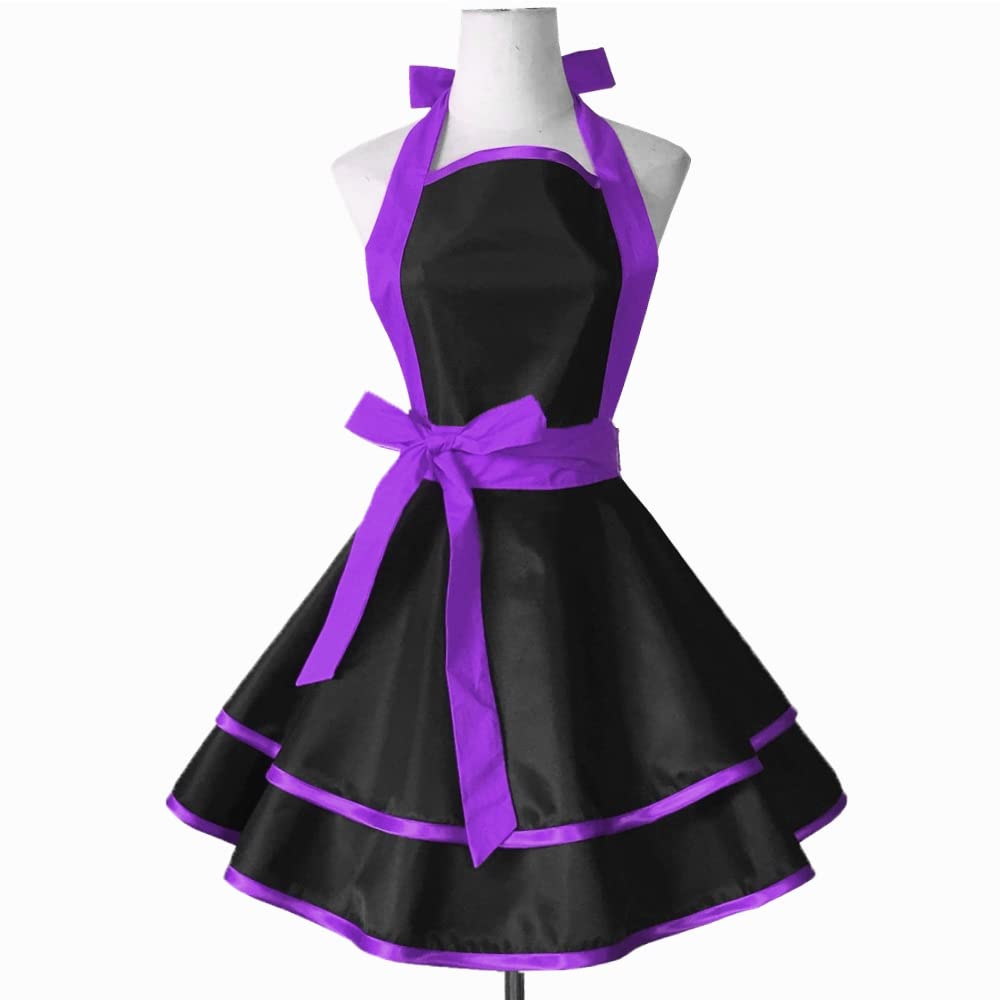 Violet Mist Cute Lovely Retro Aprons for Women Girls Lady Sexy Vintage Aprons Black Purple Vintage 50s Apron Halloween Christmas Apron Cooking Kitchen Ruffle Apron for Housewife Waitress Mother's Gift