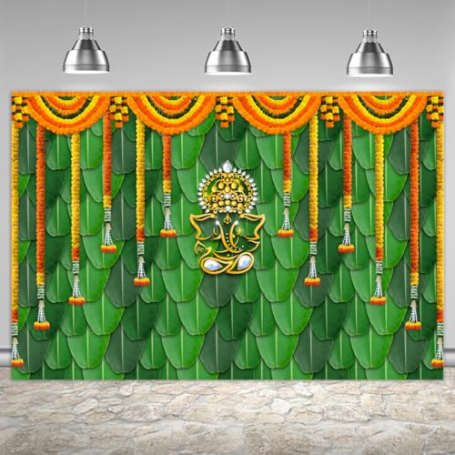 Image of Pooja Backdrop Decoration Cloth Items Indian Ganpati Puja Traditional Chatiya Ganesh Mehndi Photography Background Festival Wedding Party Marigold Garlands Photo Booth Props Banner 6x4ft