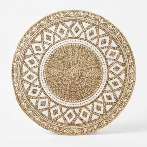 Image of Round Braided Dining Table Mat | Brown Mandala Woven Placemats | Heat Resistant Washable Cotton Blend Table Place Mats for Kitchen & Boho Decor | 15 Inch | Set of 4