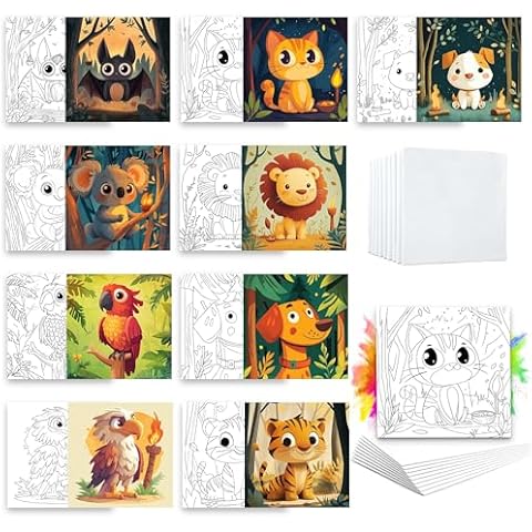 Ginfonr 8 PCS Pre-Drawn Canvas for Painting Adults, Animal Pre Drawn Stretched Outline Canvas, Sip and Paint Kit for Adults, Art Boards Set with Brushes for Home Wall Decor (8x8 inch) Cover