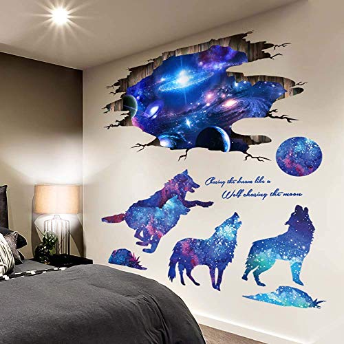 Amaonm 3D Blue Starry Sky Wolf Moon Wall Decals Removable Pvc Magic 3D Milky Way Outer Space Planet Wall Sticker Peel Stick Home Decor For Kids Baby Bedroom Boys Girls Nursery Room Ceiling Living Room #TOP1