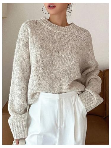 Image of RoseSeek Women's Oversized Crewneck Sweaters Drop Shoulder Long Sleeve Knit Tops Fall Pullovers Apricot Large