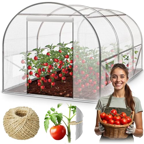 Plonos Garten-Gewächshaus Tunnel 2 × 4,5 m - 9 m² Folientunnel mit Stahlrahmen | PE-Folie 140 g/m² UV-beständig | 8 Fenster mit Moskitonetz | Pflanzenschutz | Weiß