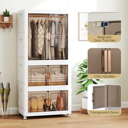 Image of COSTWAY Portable Wardrobe with 10 Retractable Hangers, 421L Foldable Plastic Clothes Cabinet with Doors and 4 Wheels, Mobile Collapsible Stackable Storage Boxes Containers Closet Organizer for Bedroom