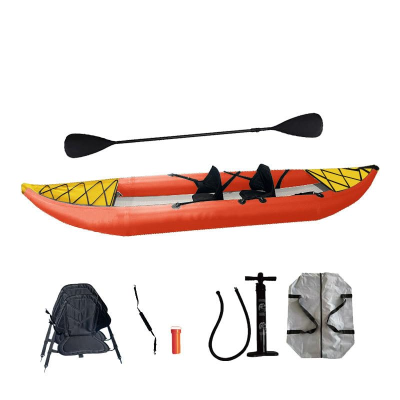 Inflatable Semi-Drop Stitch Kayak Portable Recreational Touring Kayak, EVA Padded Seats, Personal Tandem Kayak, includes Aluminum Paddles, High Support Padded Seats, Air Pump (2 Person Yellow Black)