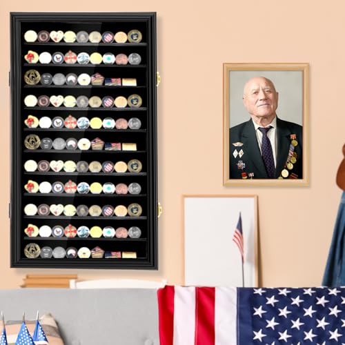 Image of Silipull Lighter Display Case Wall Mount Display Case for Lighter Detachable Wooden Cabinet W /98% UV Acrylic Door Lockable Spoon Storage Box Collection(Black Finish,80 Challenge Coin,Challenge Coin)