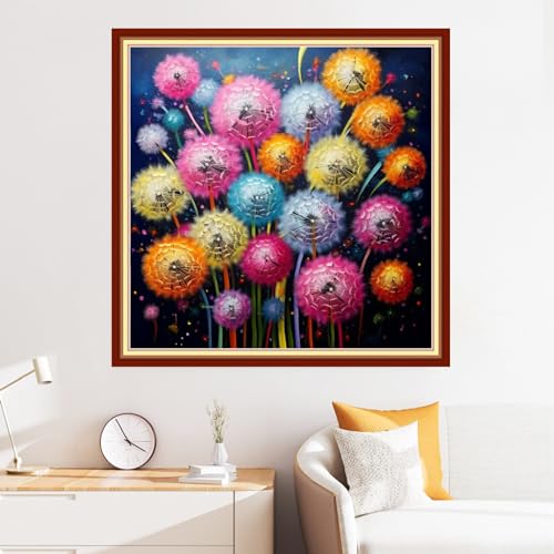 Image of Disxvivy Cross Stitch Stamped Full Embroidery Kits DIY 11CT Cotton Thread Printed DIY Needlepoint Kits Craft Needlework Set Cross-Stitch Stamped Sets-Colorful Dandelion 18x18 inch
