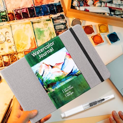 Image of Dispowreath 4 Set Watercolor Sketchbook Journal with Watercolor Brush Pens 300 GSM Cotton Paper Portable Square Small Pocket Notebook Travel for Painters Art Supplies(Grey,5.5 x 8.25 Inch)