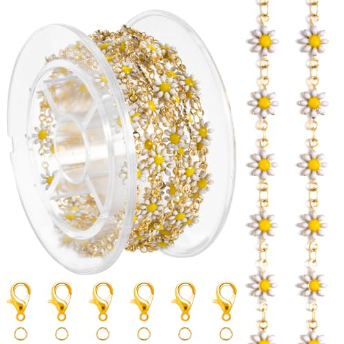 2M White Daisy Flower Link Chain – Enamel Metal Chain with 20 Lobster Clasps & 50 Jump Rings – DIY Bracelet,Necklace,decorating belts, handbags(Gold/Silver)