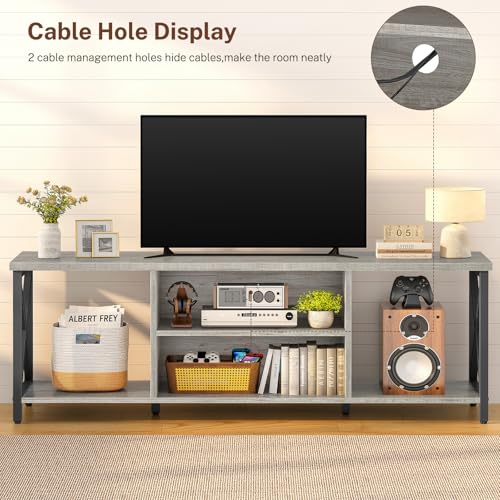FIONESO TV Stand for 55 Inch TV, Industrial TV Console Table with 2 Open Storage Shelves, 3-Tier Entertainment Center for Living Room, Bedroom, Grey by FIONESO - Used condition - Image 7
