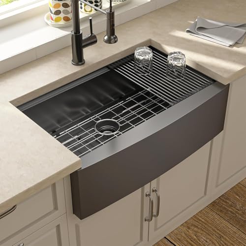 30 Black Farmhouse Sink - Lordear 30 inch Farm Kitchen Sink Workstation Apron Front 16-Gauge Gunmetal Black Stainless Steel Single Bowl Deep Kitchen Farmer Sinks, 9\" Apron Height - Thumbnail 4