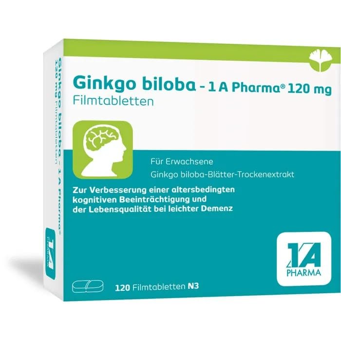 Ginkgo biloba- 1 A Pharma 120 mg | 2x120 Filmtabletten | Gedächtnisstärkung | Mit Extrakt aus Ginkgo-Blättern, natürliche Gedächtnisstärkung bei leichter Demenz, für Erwachsene ab 18 Jahren