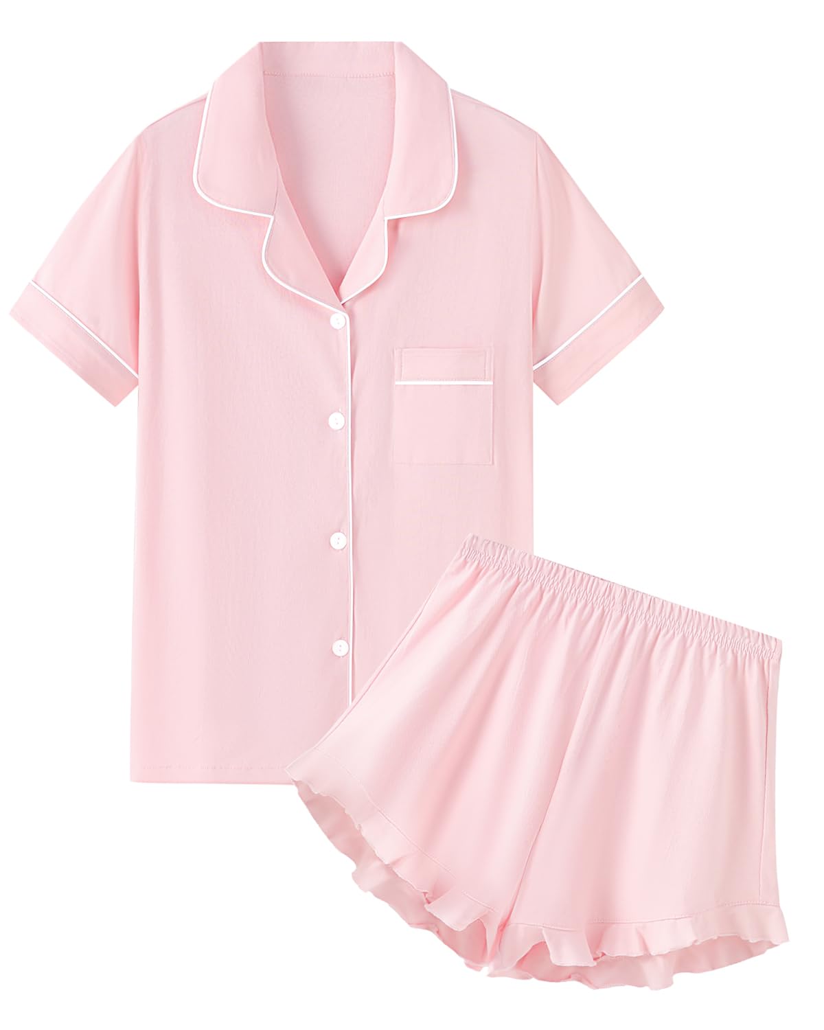 QZH DUAO Girls Women Pajama Sets 100 Cotton Sleepwear Button Down Short Sleeve With Ruffle Shorts PJS 5