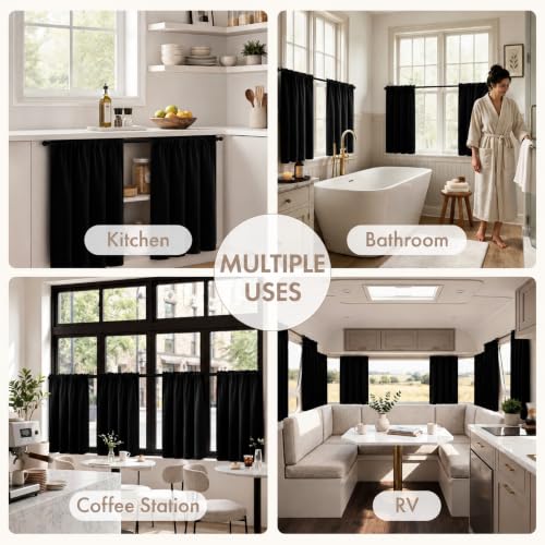 Image of MIULEE Short 45 Inch Blackout Kitchen Window Curtains Black Set of 4 Panels | Light Blocking Bedroom Drapes, Room Darkening Thermal Insulation, Rod Pocket Short Curtains Small Windows, Privacy Protection