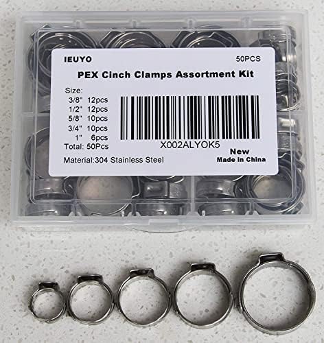IEUYO Heavy Duty PEX Pinch Clamps PEX Cinch Clamps Rings Assortment Kit Single Ear Hose Clamps Clips for Securing Pipe Hoses 304 Stainless Steel 3/8" 1/2" 5/8" 3/4" 1"