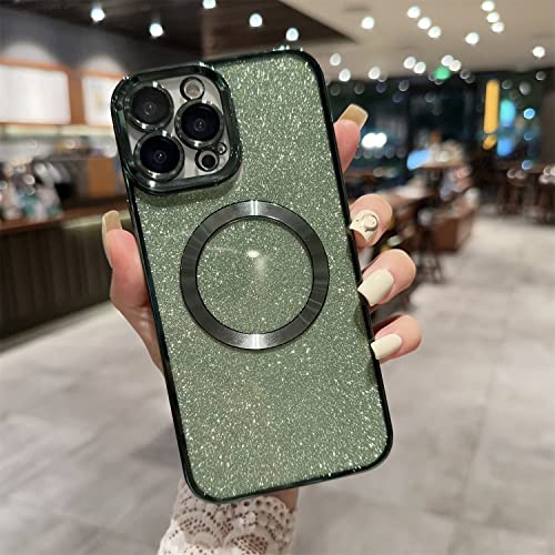 Compatibile con iPhone 13 Pro custodia con glitter magnetici compatibile con Mag-Safe con paillettes per fotocamera protettiva per 13 Pro silicone verde tpu