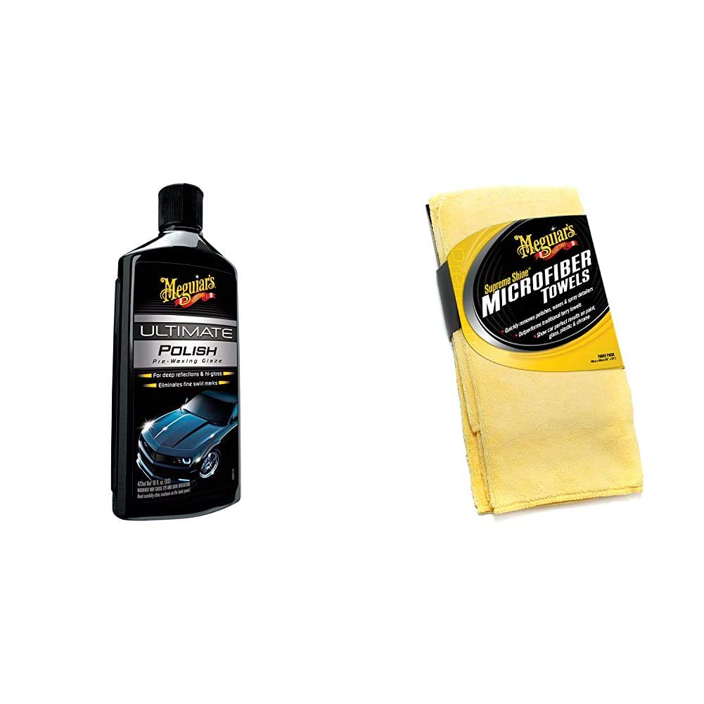 Meguiar's G19216EU Ultimate Polish Hochglanzpolitur, 473 ml & X2020EU Supreme Shine Mikrofasertuch, 3er Pack