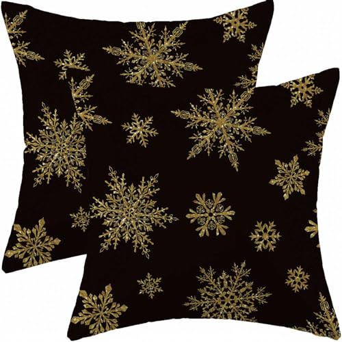 Avalune Kissenbezug Weihnachten 40x40 Schwarz Gold Schneeflocken...