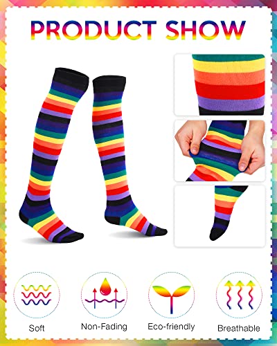 Chuarry 8 Pairs Women's Rainbow Thigh High Socks Fingerless Arm Warmer Set Long Striped High Socks Leg Warmers for Pride Fest(Mixed Color,Classic Style)3