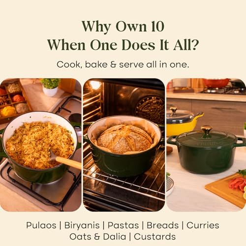 Image of CUMIN CO. Cast Iron Dutch Oven 1.2L, 16 cm | Induction Base Cookware | 10 Years Warranty | Non Toxic Non Stick Biryani Pot with Lid | Heavy Bottom | Chemical Free Coating | Free Accessories | Green