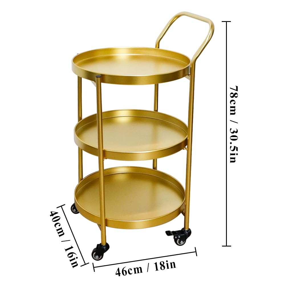 TRIROCKS Elegante Carrello da Bar 78 cm Alto, 3 Piani in Oro con Ruote, Trolley Servizio con Cassetti, Per Cucina e Uso Domestico, Finitura Elegante
