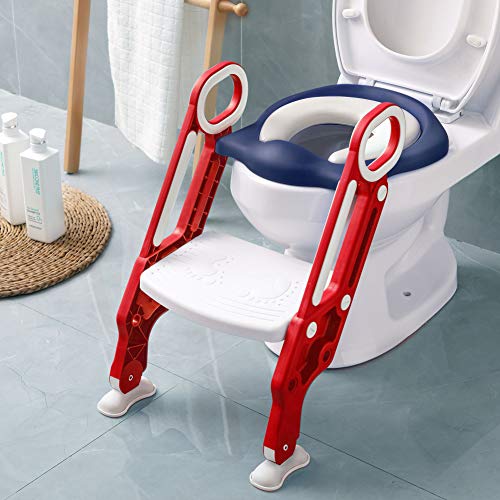 Potty Training Toilet Seat with Step Stool Ladder for Kids Children Baby Toddler Toilet Training Seat Chair with Soft Cushion Sturdy and Non-Slip Wide Steps for Girls and Boys (Blue Red)
