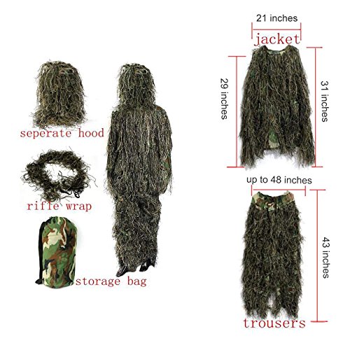 Uheng Ghillie Suit Leafy Camo Woodland Camouflage Forest Hunting 4-Piece + Bag, 3D Ghillie Suit for Men Lightweight Outdoor Jungle Army Tactical Wildlife Photography